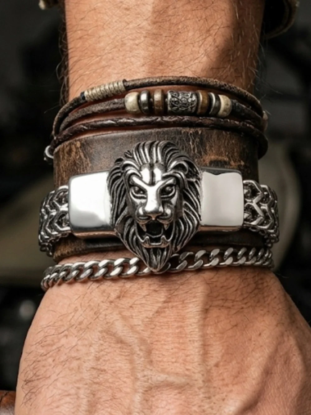 Men's Heavy Silver Stainless Steel Lion Head Bracelet
